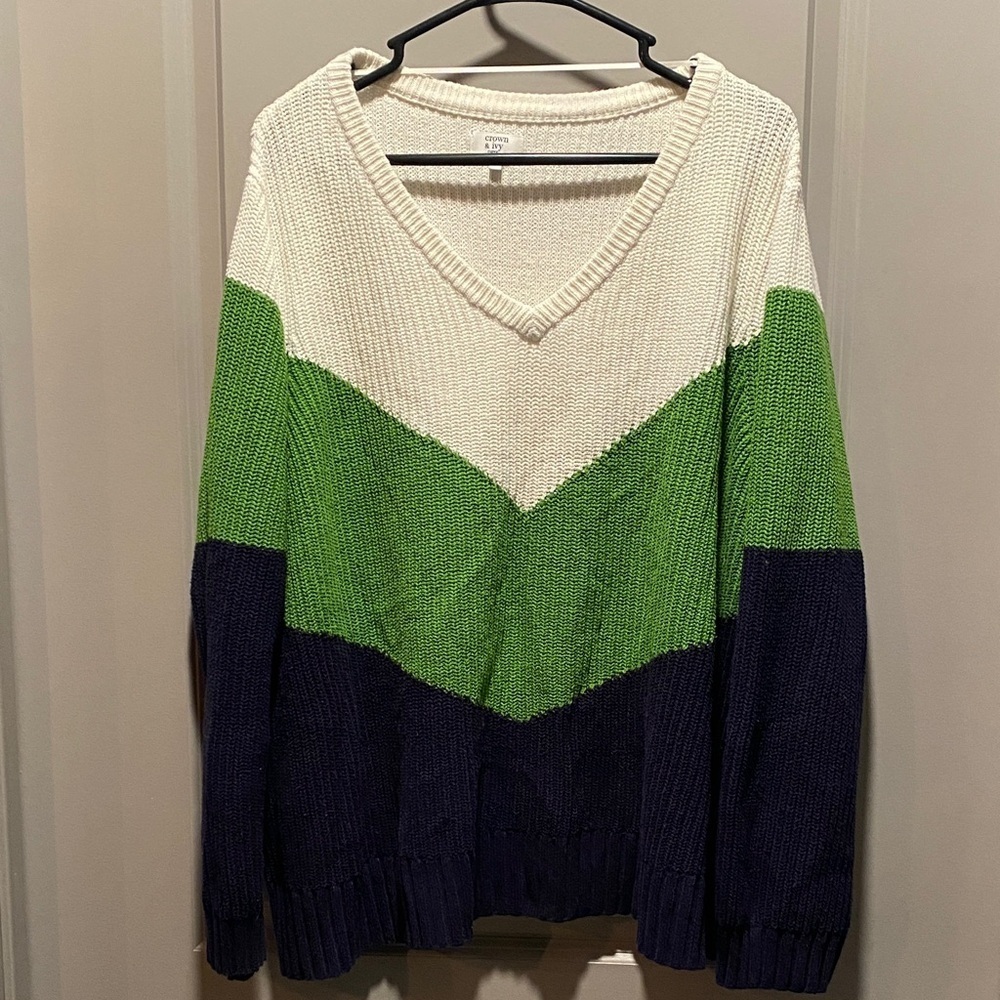 Crown & Ivy Colorblock V Neck Sweater Cream Green Navy Cozy Knit Plus 2X